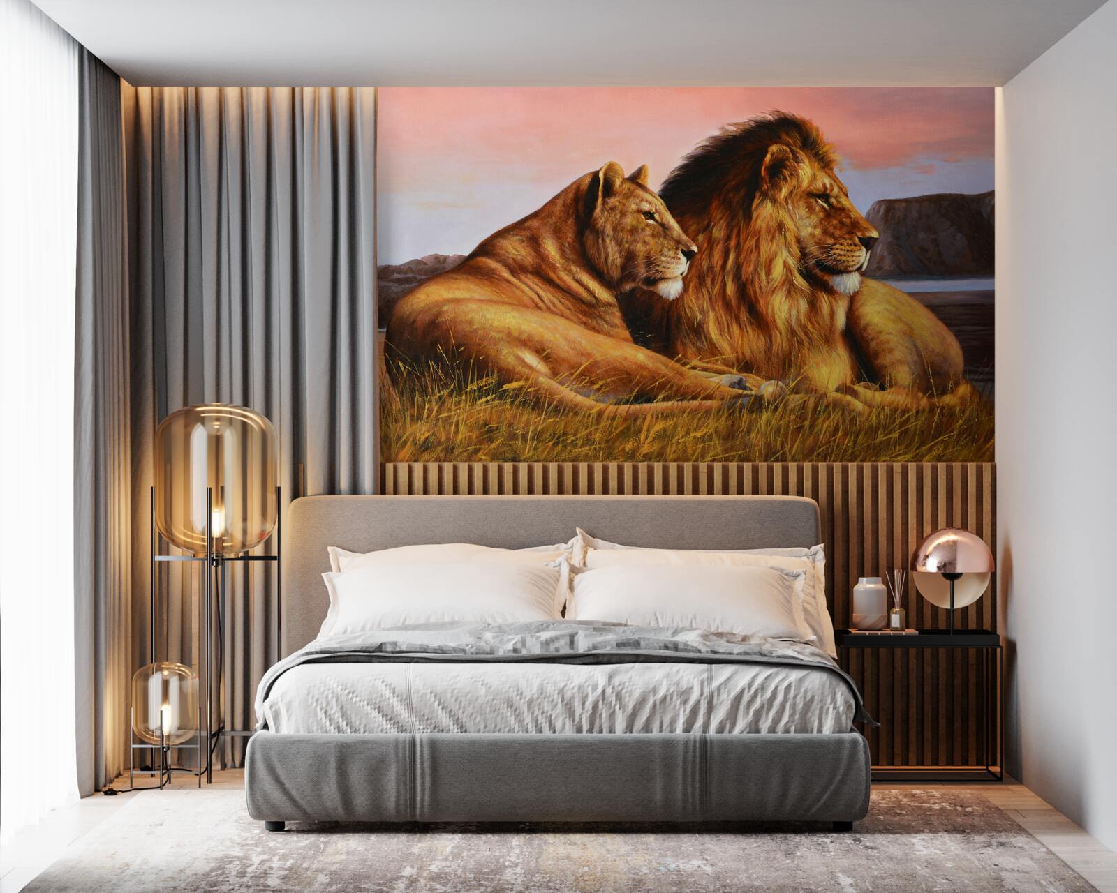 Fotobehang leeuwenfamilie waakt over haar kinderen