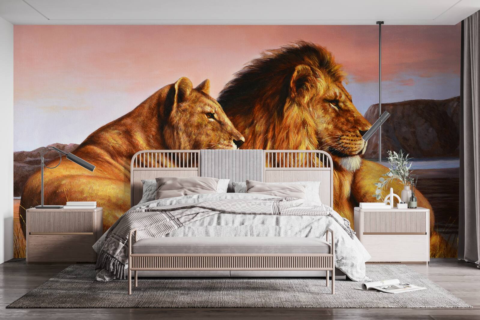 Fotobehang leeuwenfamilie waakt over haar kinderen