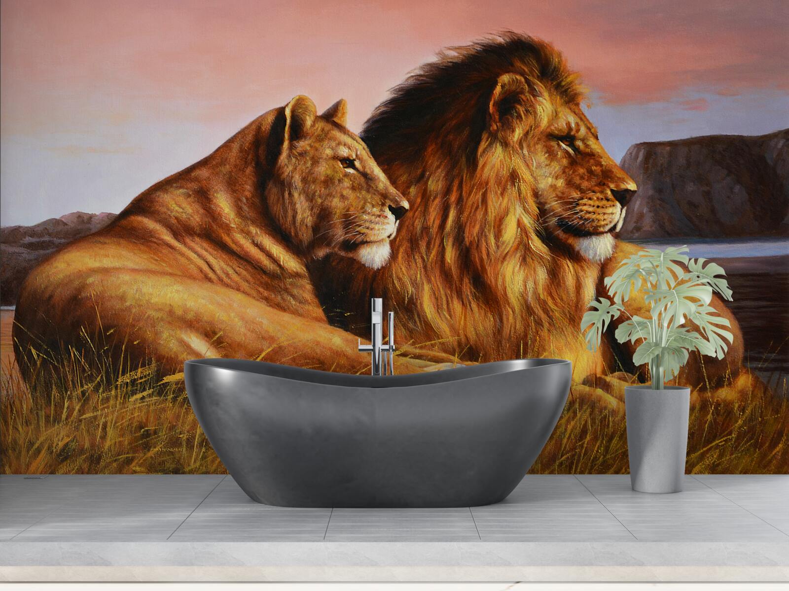 Fotobehang leeuwenfamilie waakt over haar kinderen