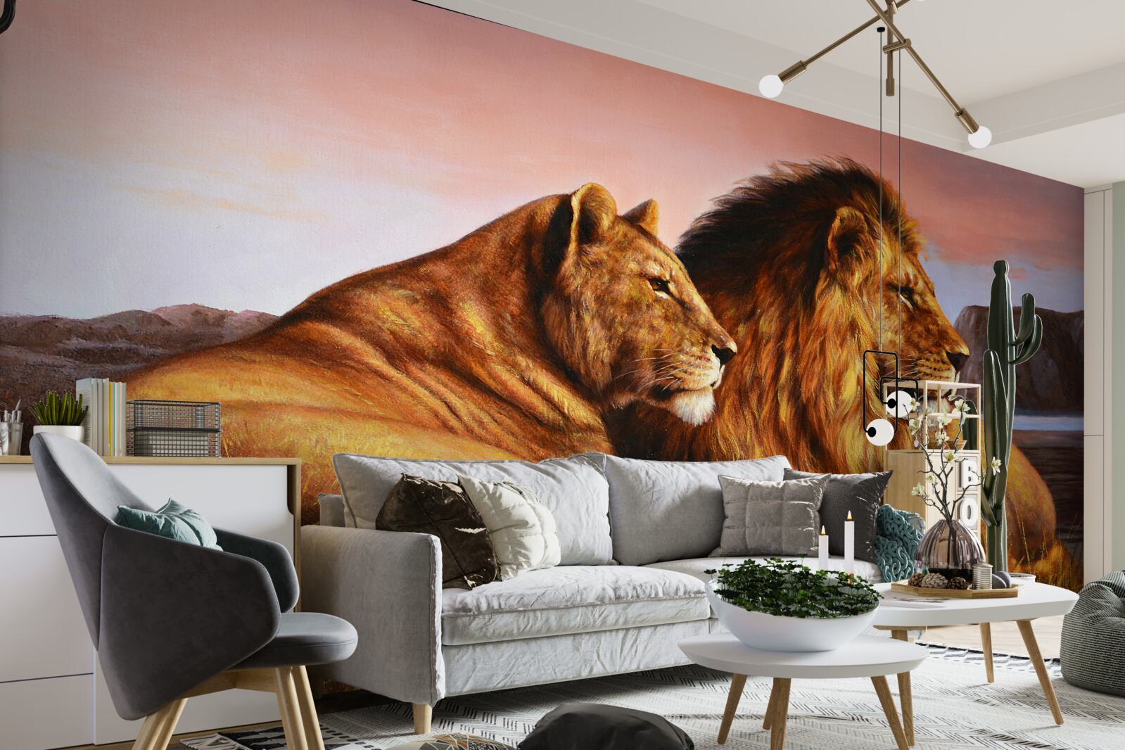 Fotobehang leeuwenfamilie waakt over haar kinderen