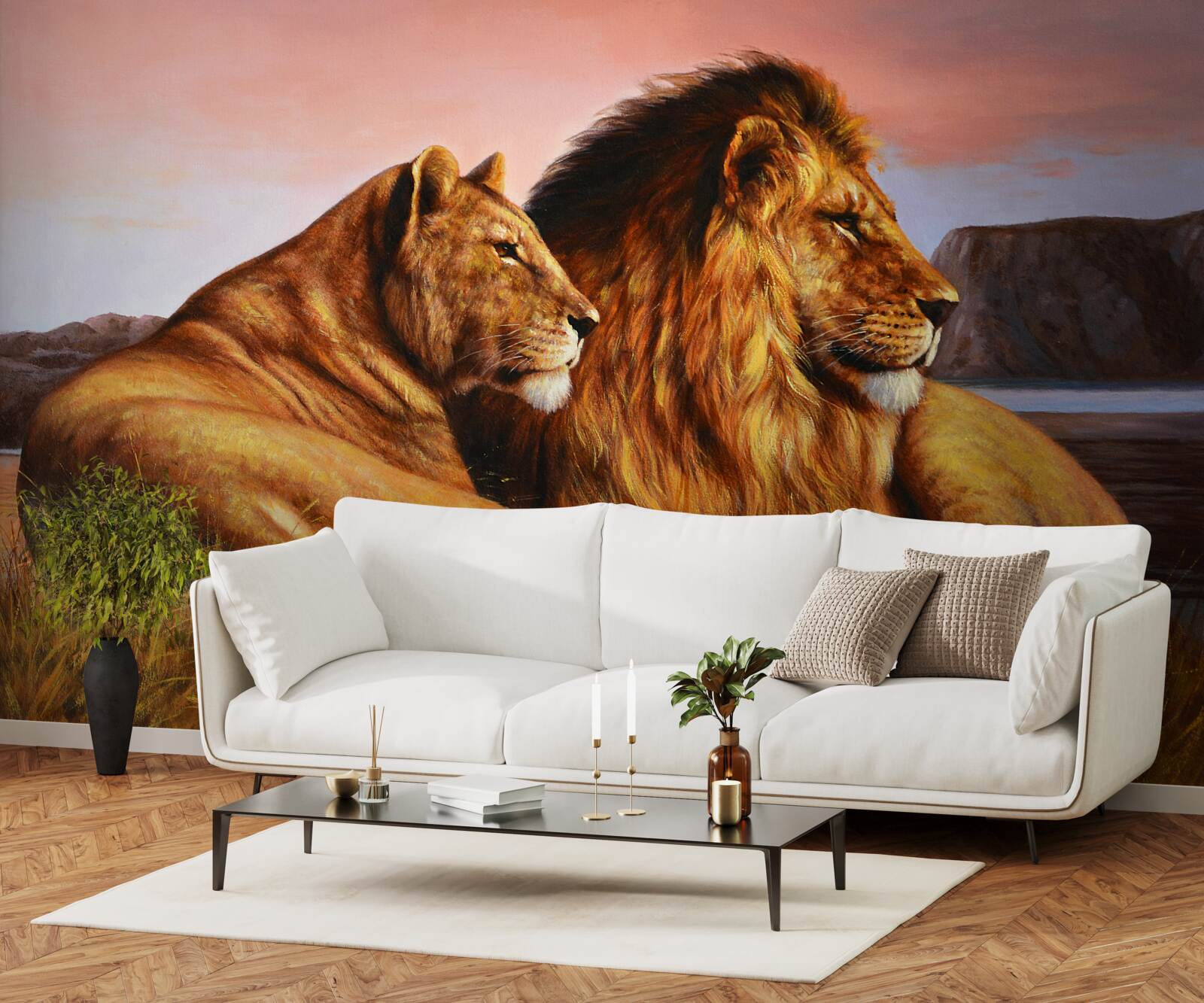 Fotobehang leeuwenfamilie waakt over haar kinderen
