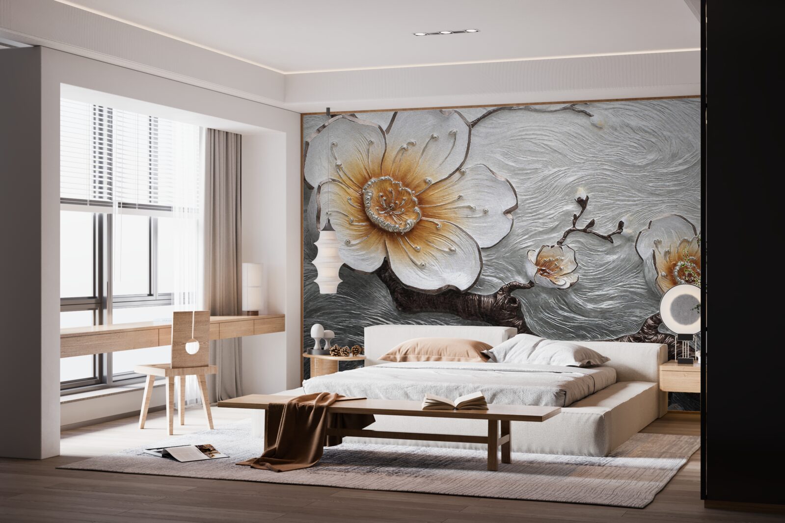 Fotobehang De sneeuwwitte magnolia boven de waterige mist is betoverend mooi