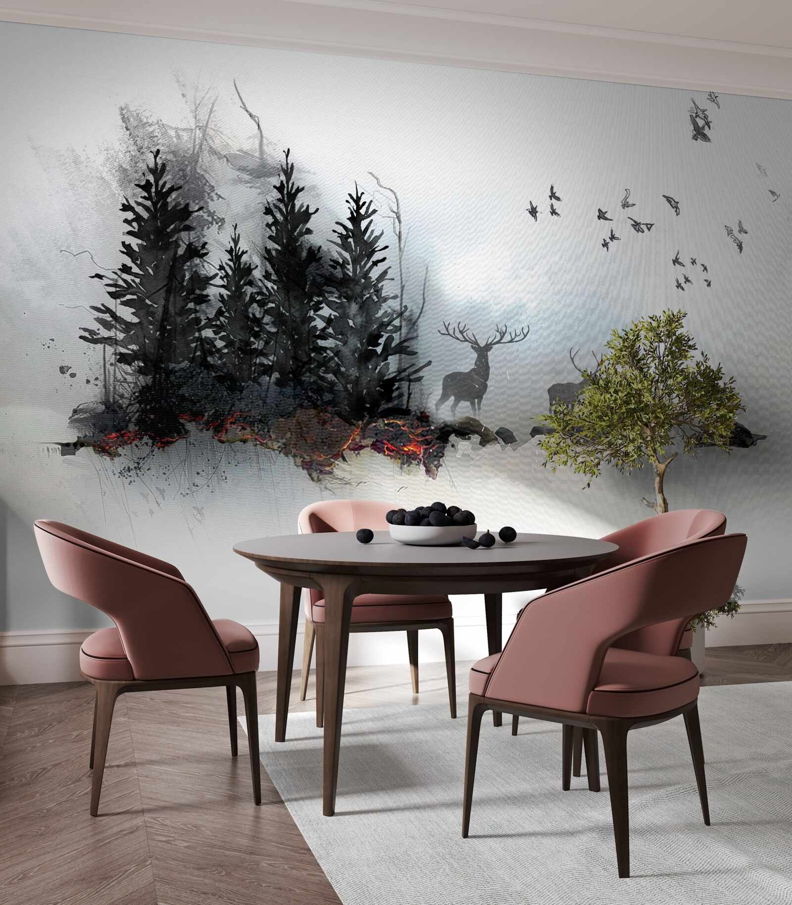 Fotobehang zwerm vogels neemt afscheid van hert