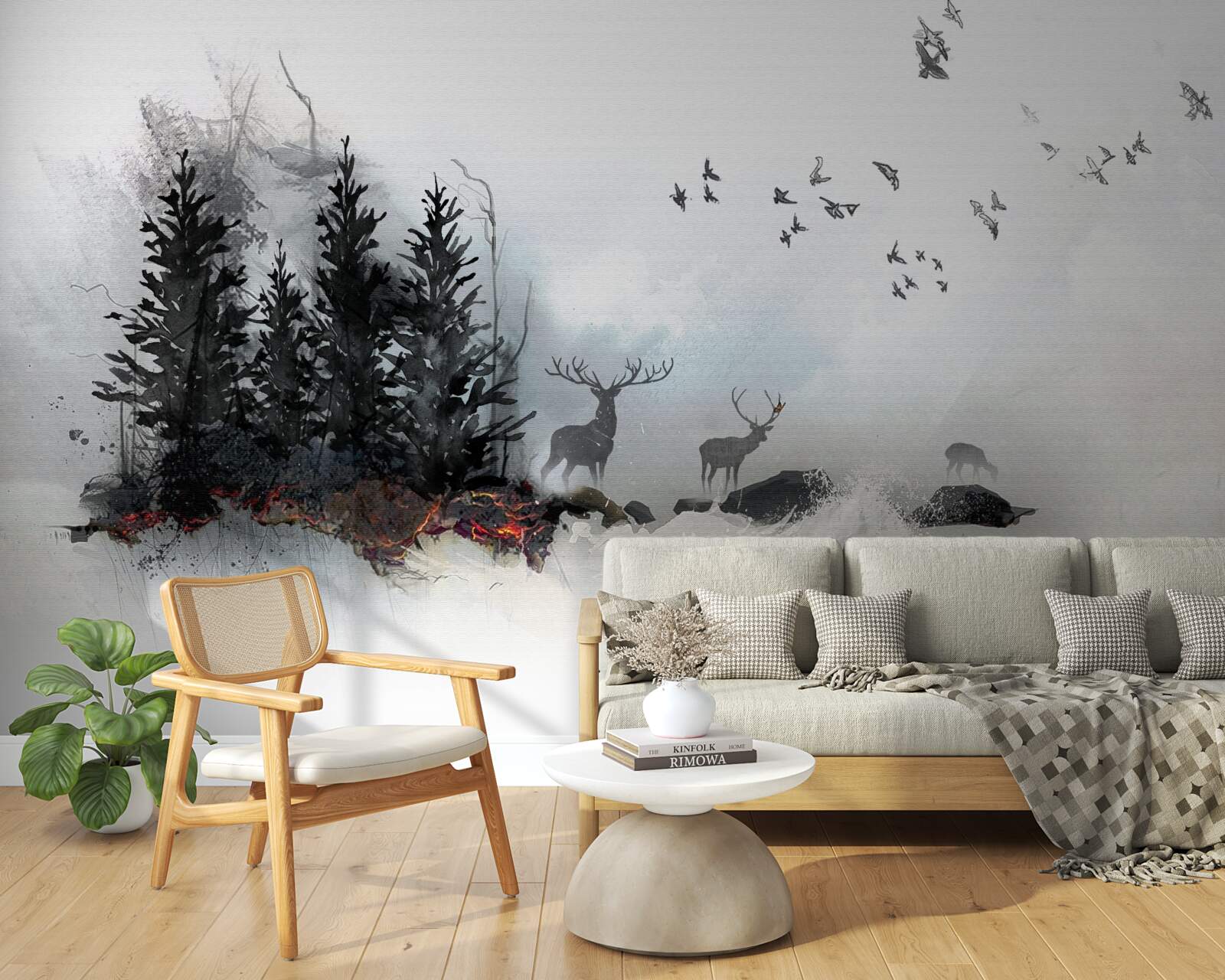 Fotobehang zwerm vogels neemt afscheid van hert