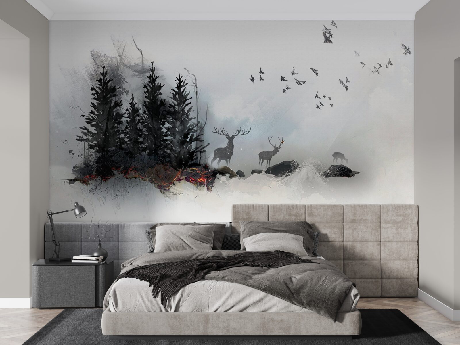 Fotobehang zwerm vogels neemt afscheid van hert