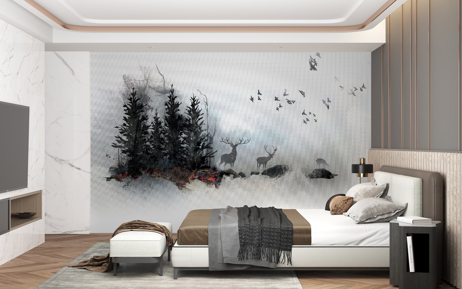 Fotobehang zwerm vogels neemt afscheid van hert