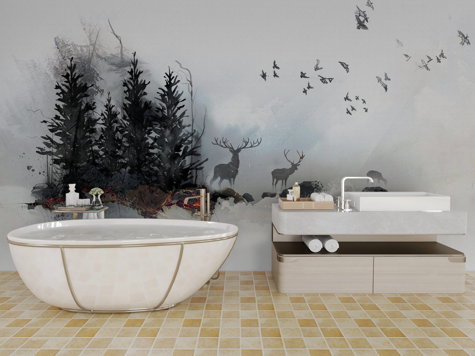 Fotobehang zwerm vogels neemt afscheid van hert