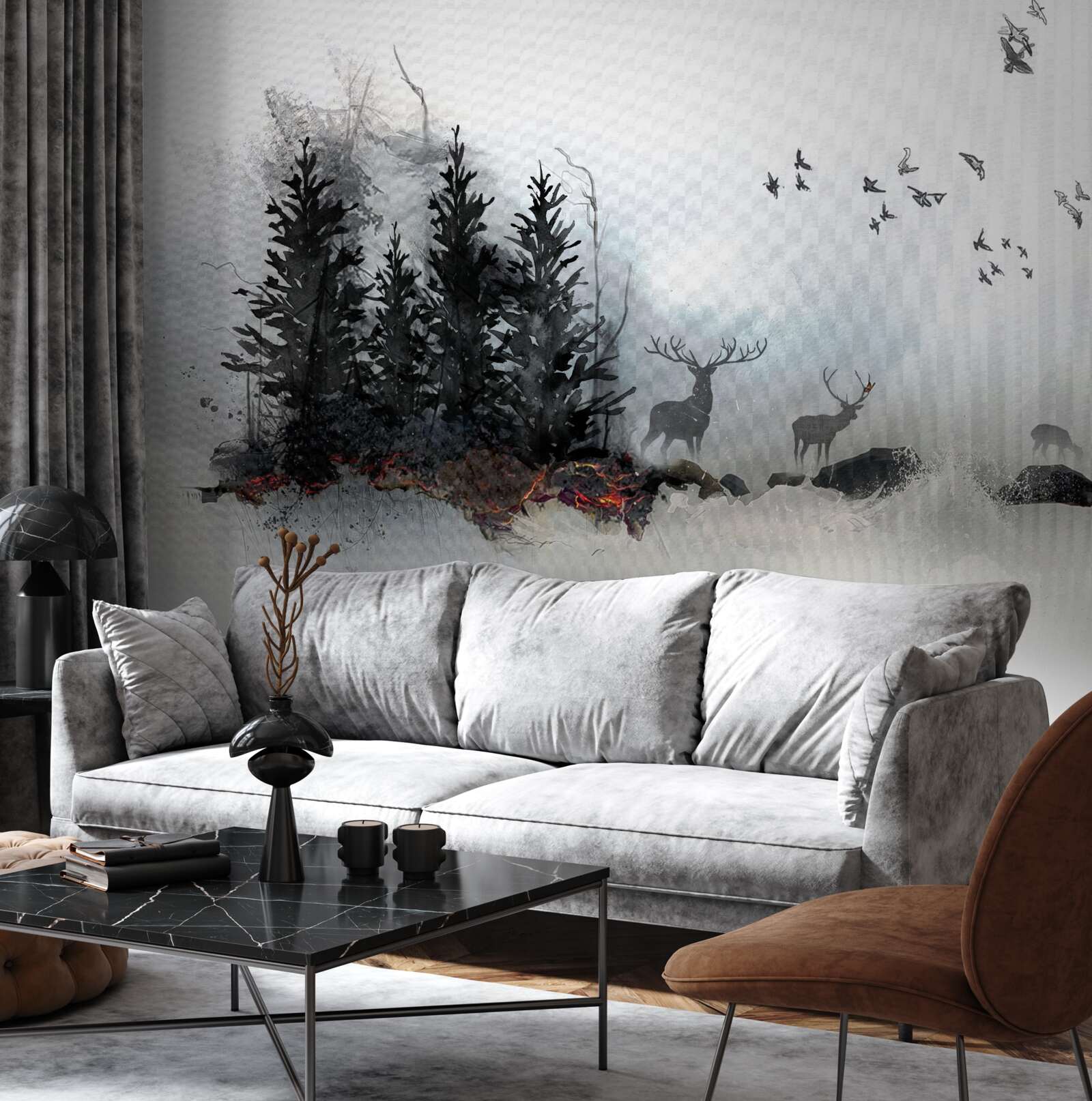 Fotobehang zwerm vogels neemt afscheid van hert