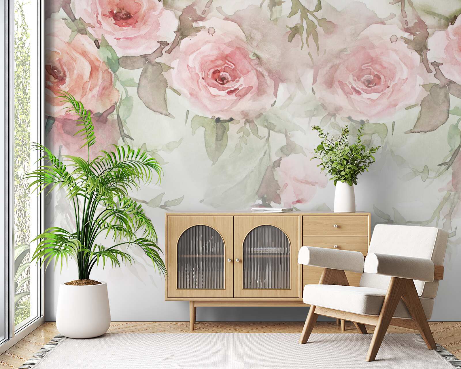 Fotobehang grote, roze bloemen hangen