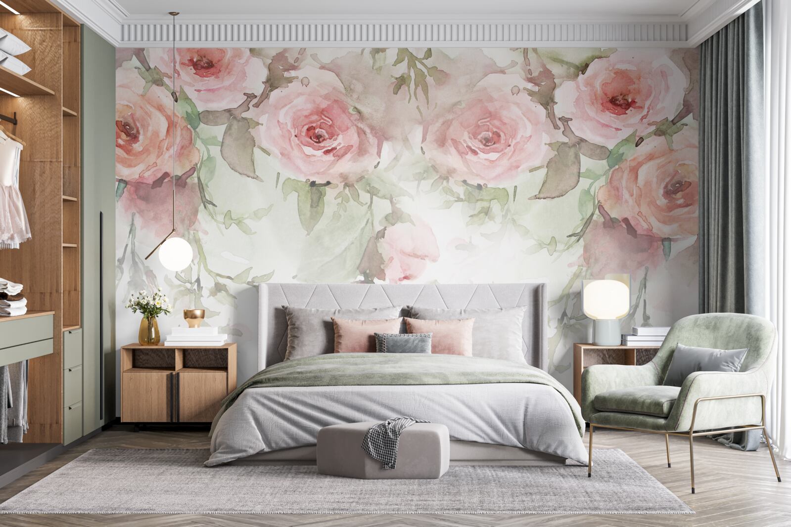 Fotobehang grote, roze bloemen hangen