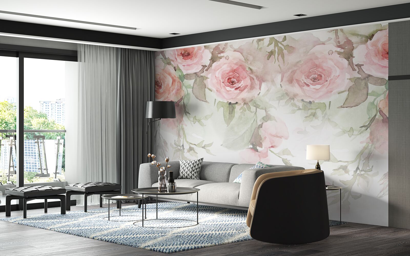 Fotobehang grote, roze bloemen hangen