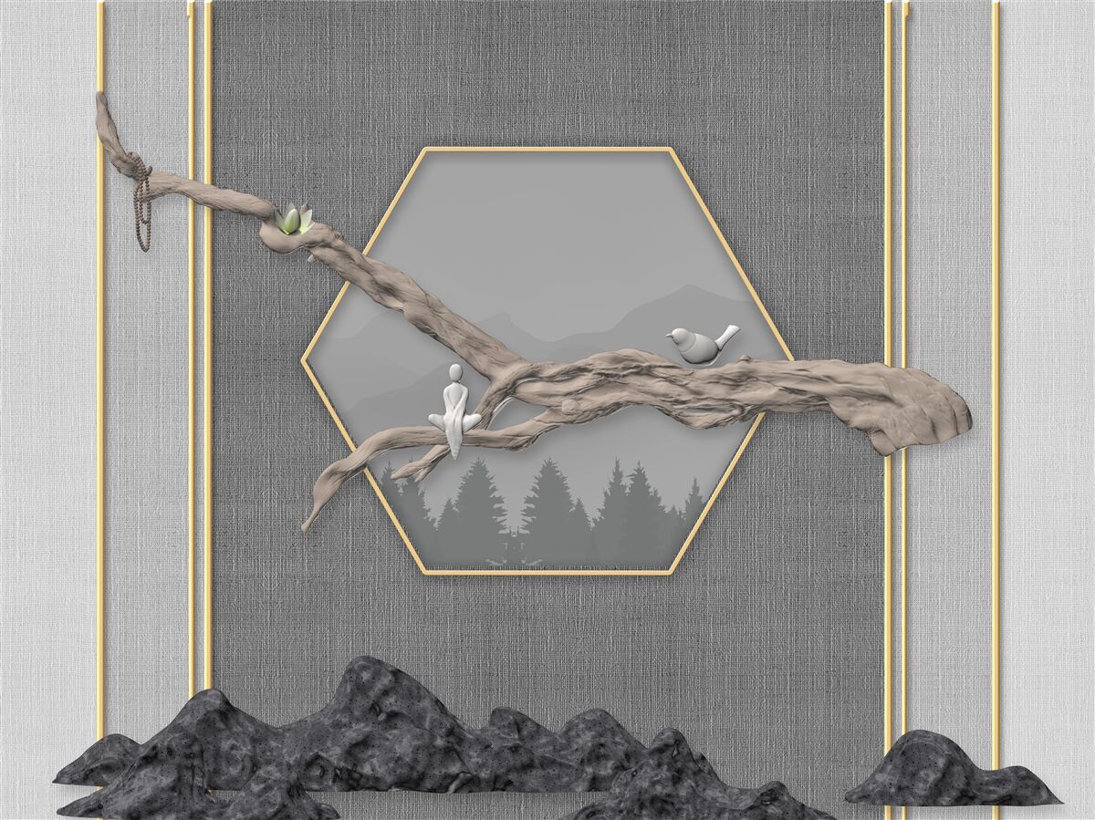 Fotobehang vogels op een bonsaitak boven donkere bergtoppen