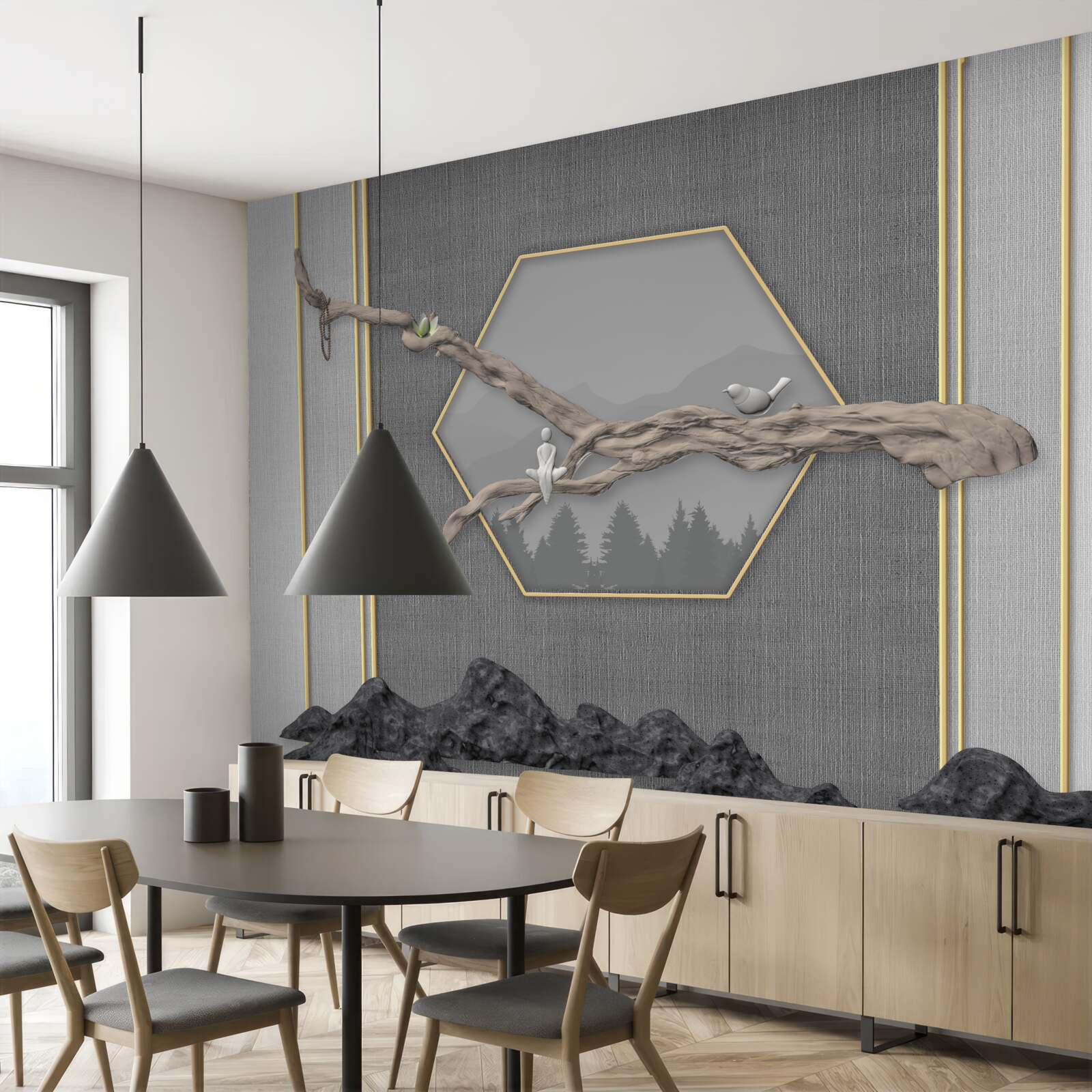 Fotobehang vogels op een bonsaitak boven donkere bergtoppen