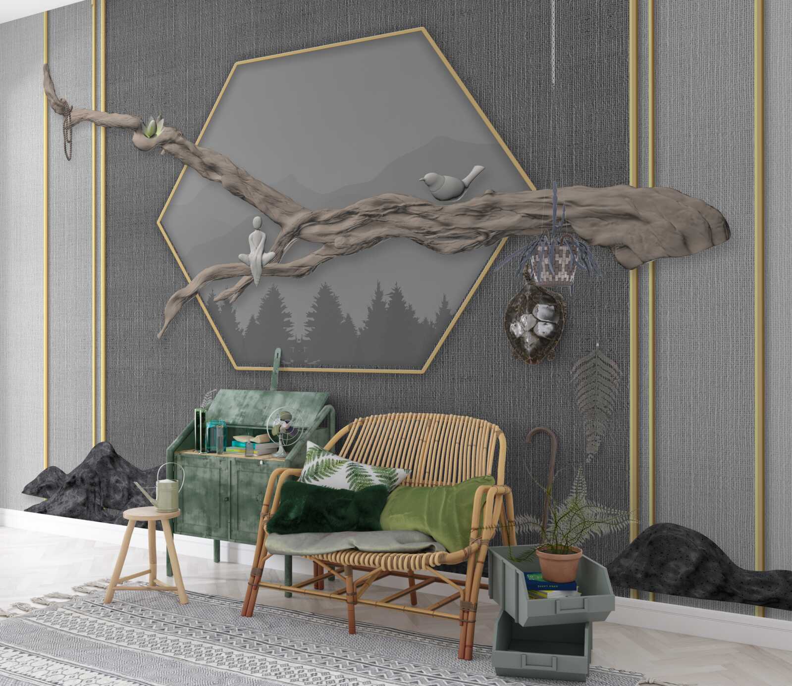 Fotobehang vogels op een bonsaitak boven donkere bergtoppen