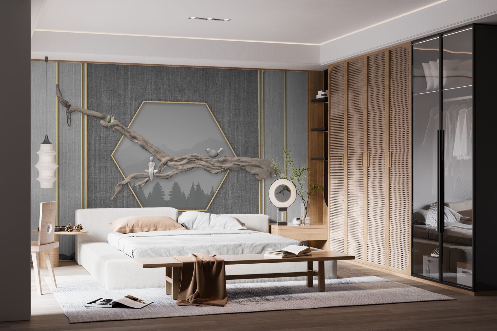 Fotobehang vogels op een bonsaitak boven donkere bergtoppen