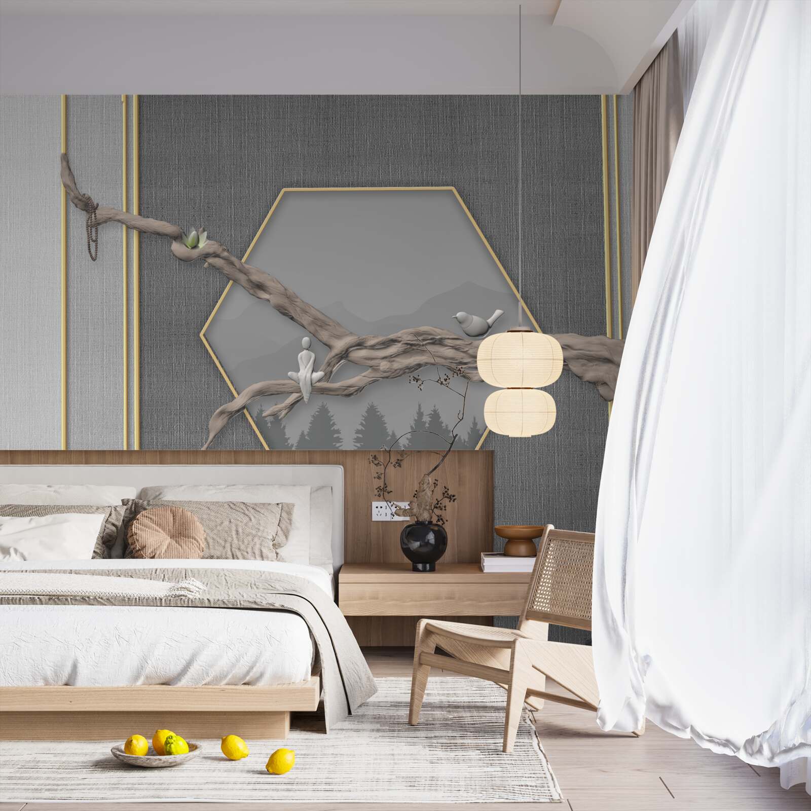 Fotobehang vogels op een bonsaitak boven donkere bergtoppen