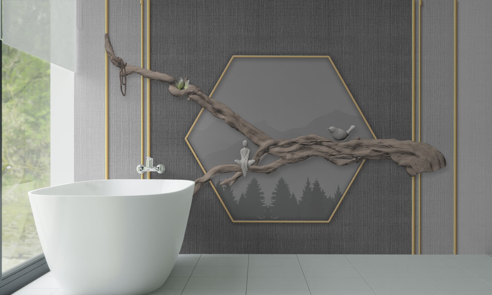 Fotobehang vogels op een bonsaitak boven donkere bergtoppen