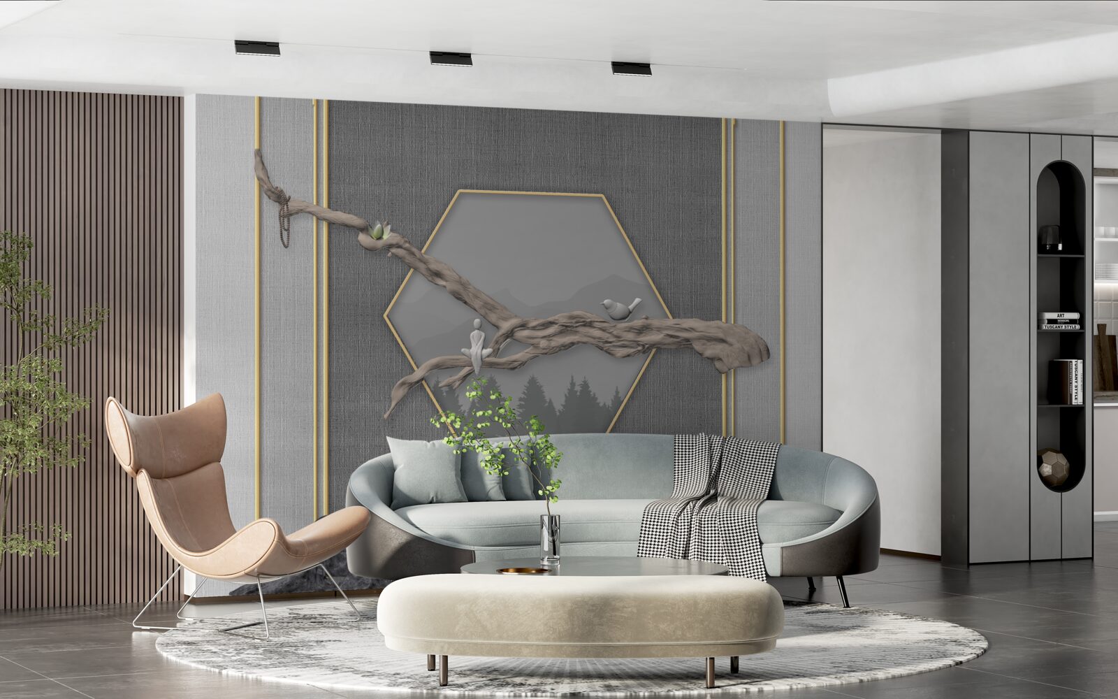 Fotobehang vogels op een bonsaitak boven donkere bergtoppen