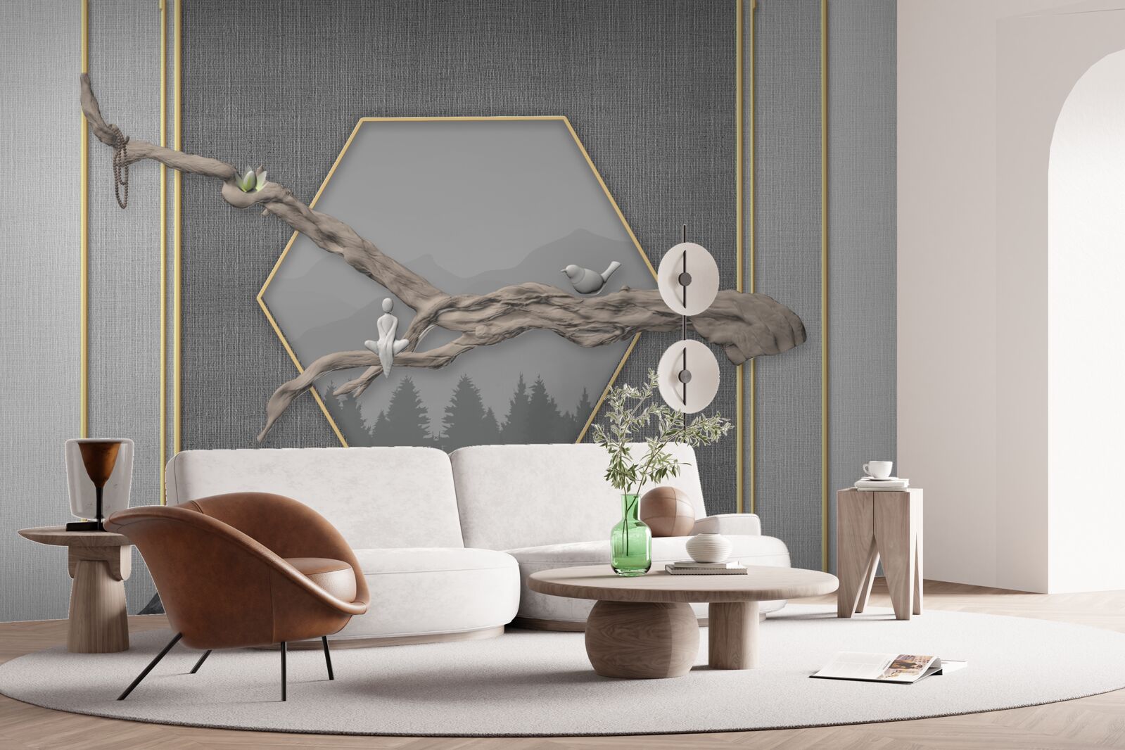 Fotobehang vogels op een bonsaitak boven donkere bergtoppen