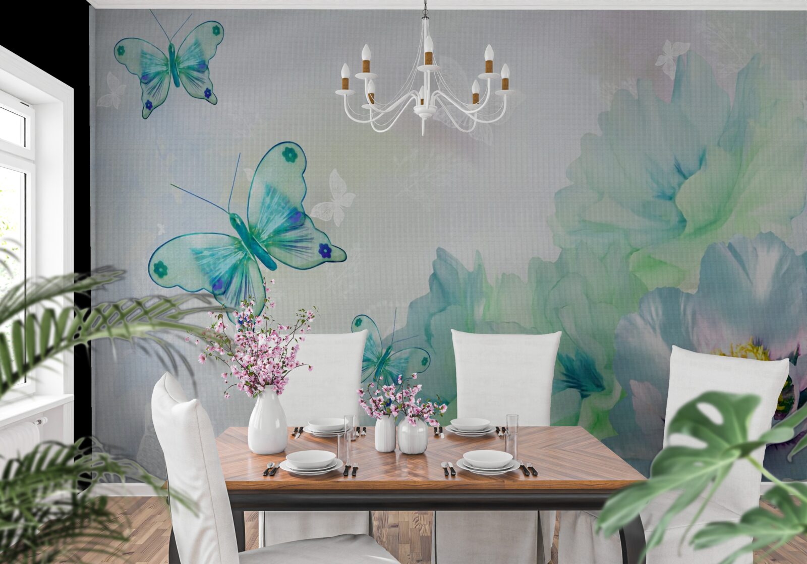 Fotobehang tere bloemen en gevleugelde vlinders