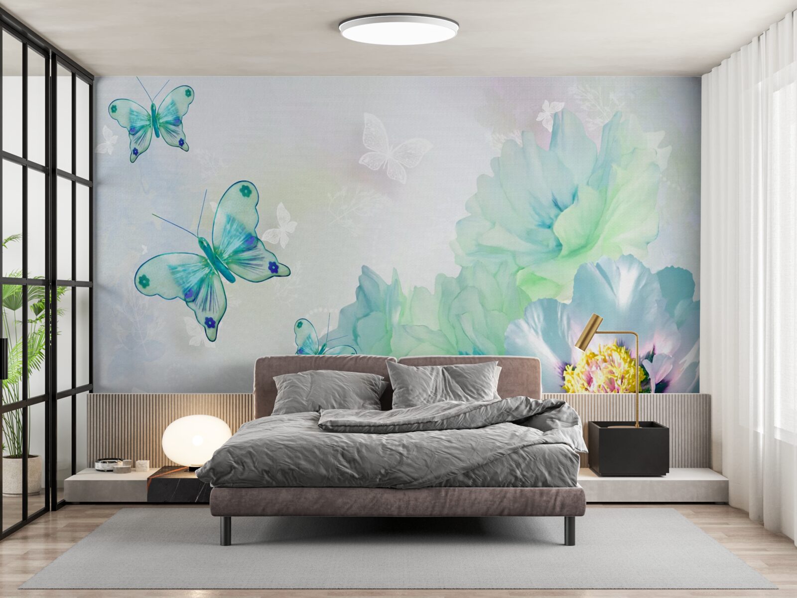 Fotobehang tere bloemen en gevleugelde vlinders