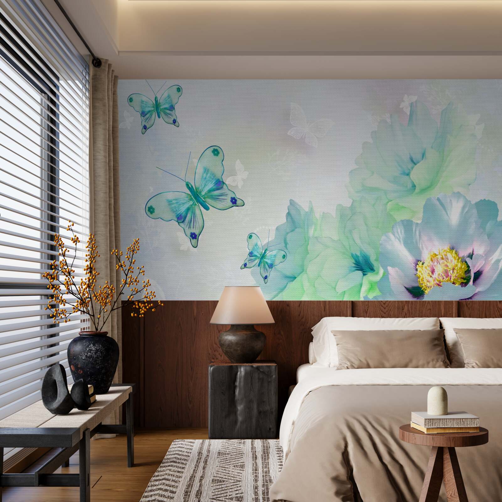 Fotobehang tere bloemen en gevleugelde vlinders