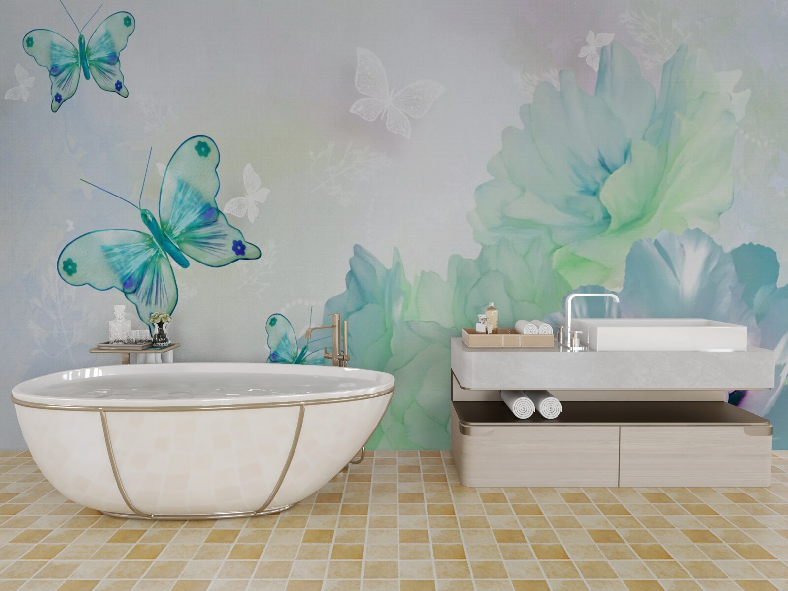 Fotobehang tere bloemen en gevleugelde vlinders