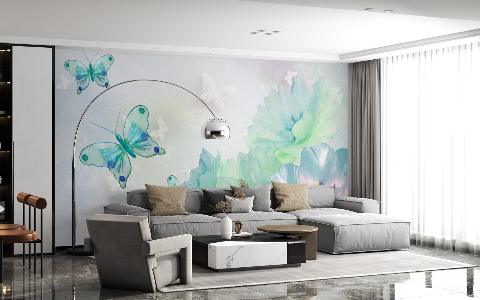 Fotobehang tere bloemen en gevleugelde vlinders