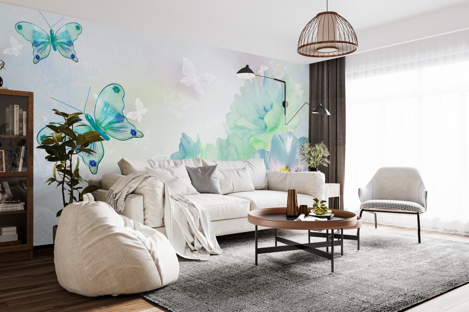 Fotobehang tere bloemen en gevleugelde vlinders