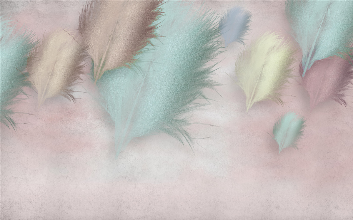 Fotobehang veren in verschillende tinten drijven tegen een roze lucht