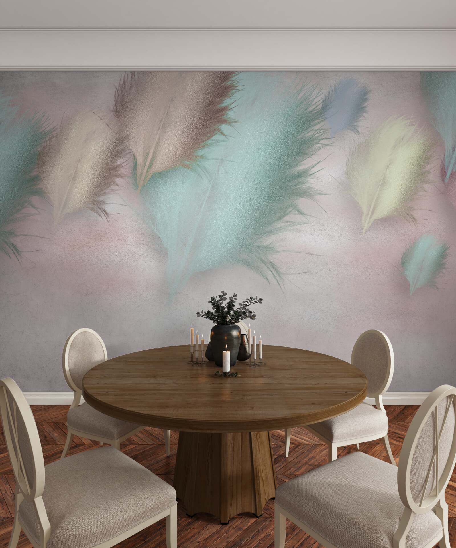 Fotobehang veren in verschillende tinten drijven tegen een roze lucht