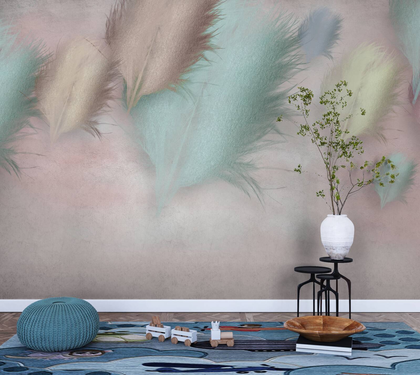 Fotobehang veren in verschillende tinten drijven tegen een roze lucht