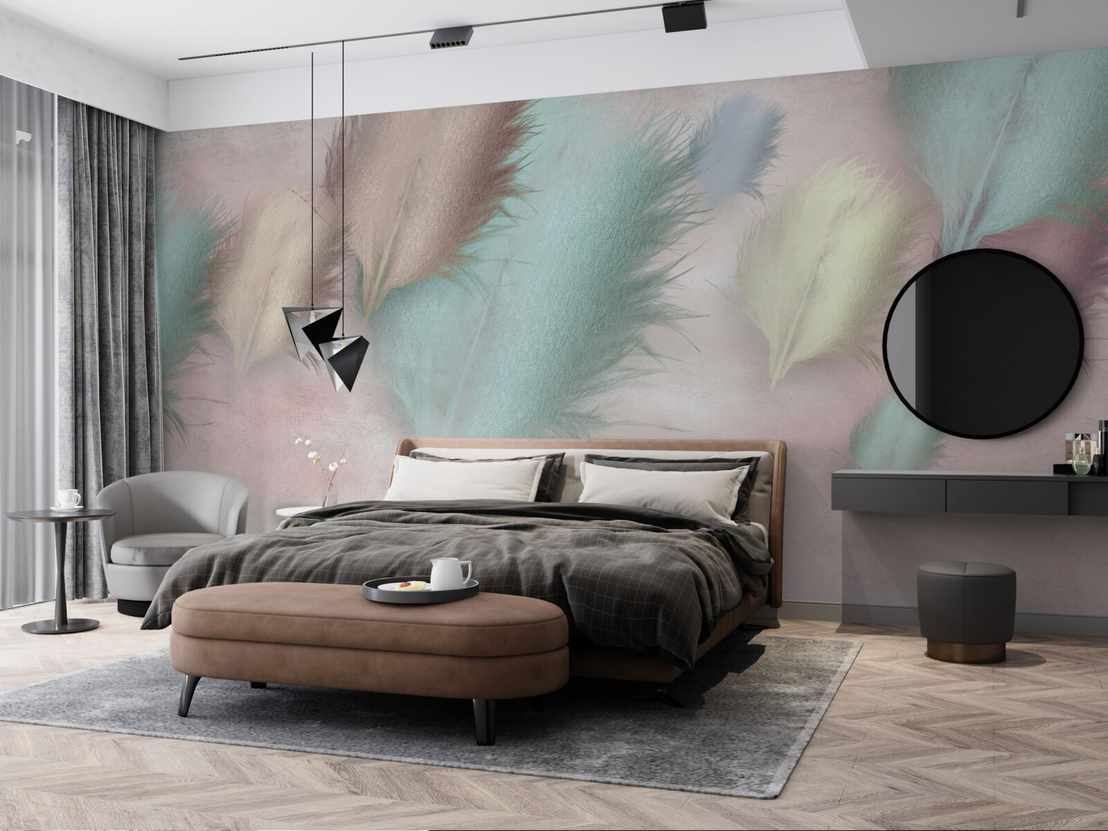 Fotobehang veren in verschillende tinten drijven tegen een roze lucht