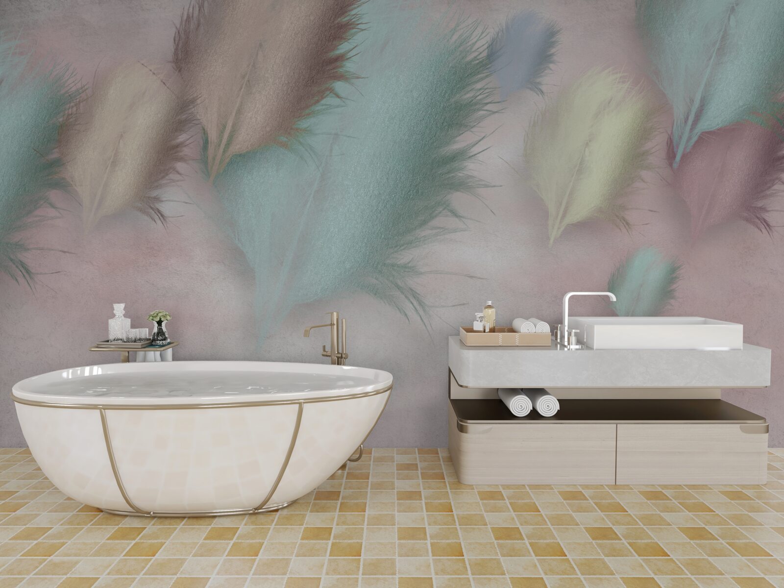 Fotobehang veren in verschillende tinten drijven tegen een roze lucht