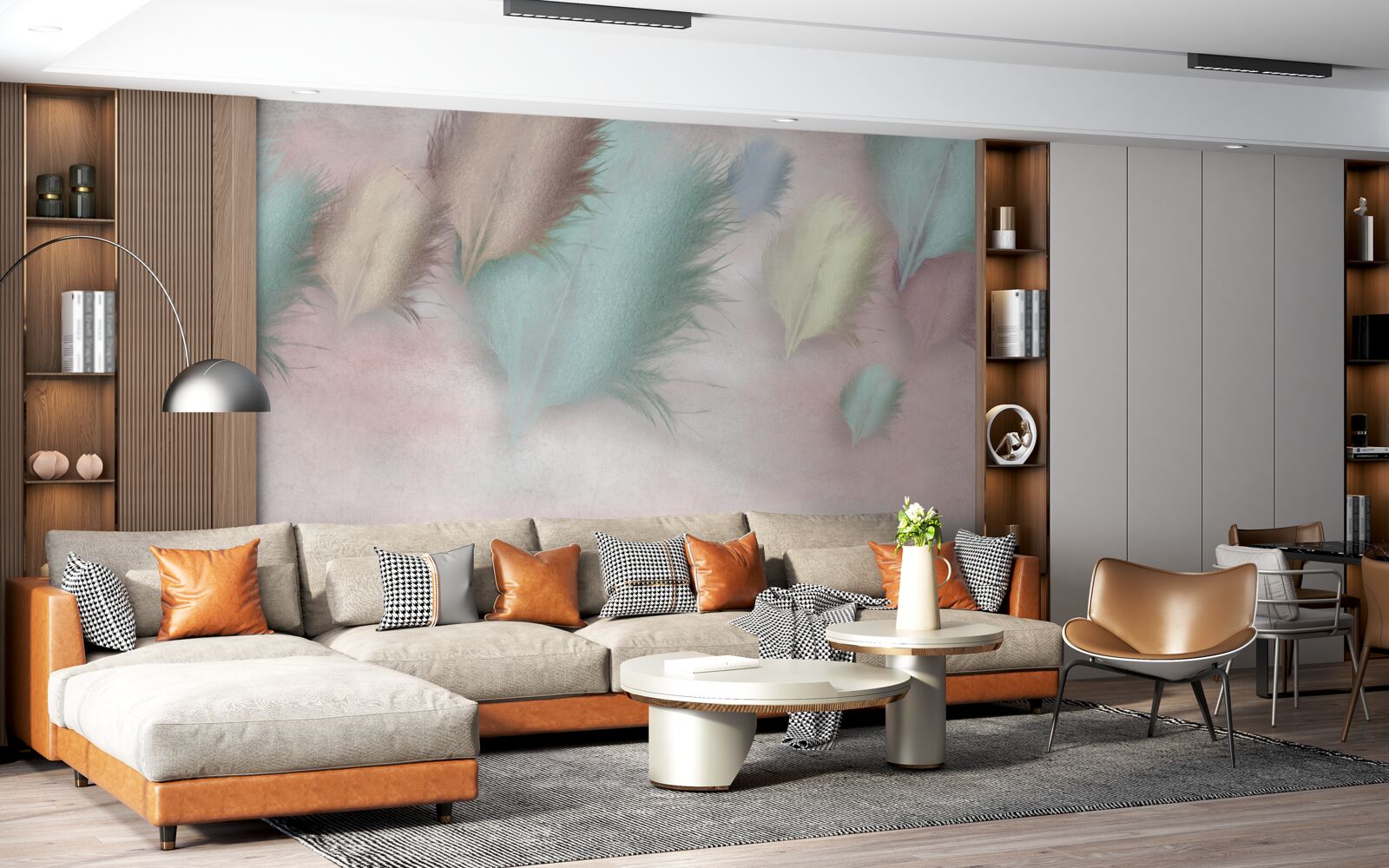 Fotobehang veren in verschillende tinten drijven tegen een roze lucht