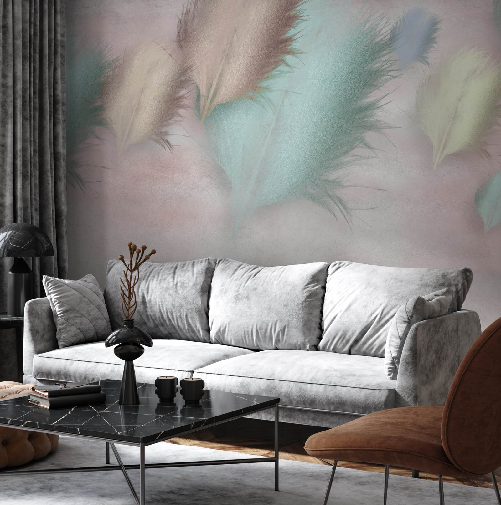 Fotobehang veren in verschillende tinten drijven tegen een roze lucht