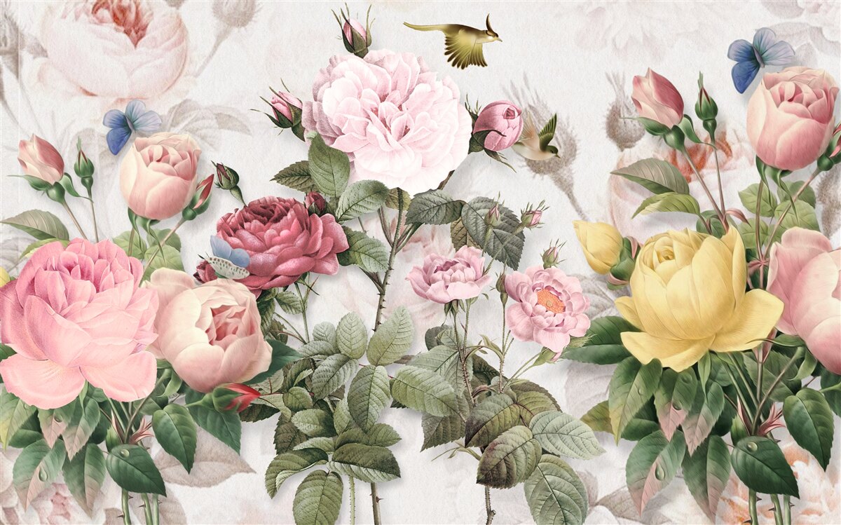 Fotobehang een explosieve mix van groentinten en zomerse bloementinten