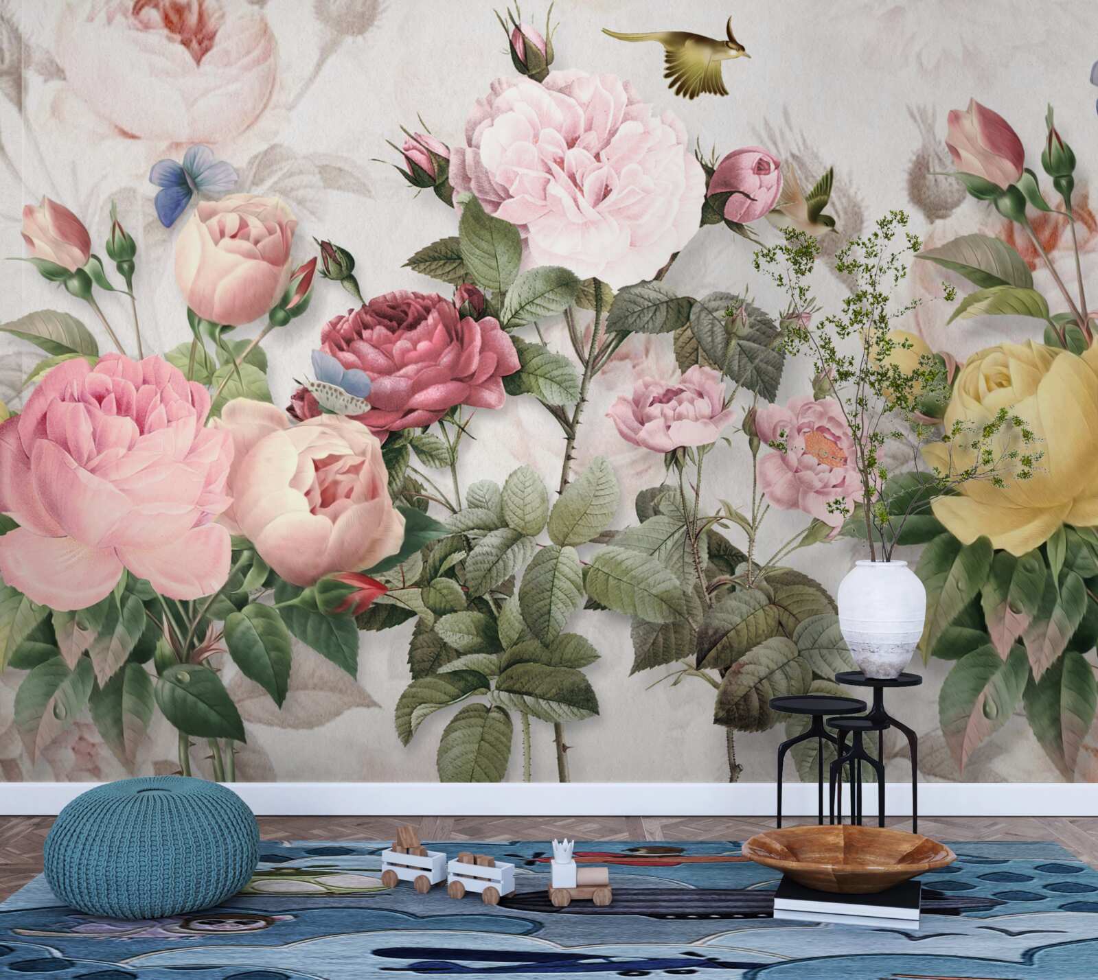 Fotobehang een explosieve mix van groentinten en zomerse bloementinten