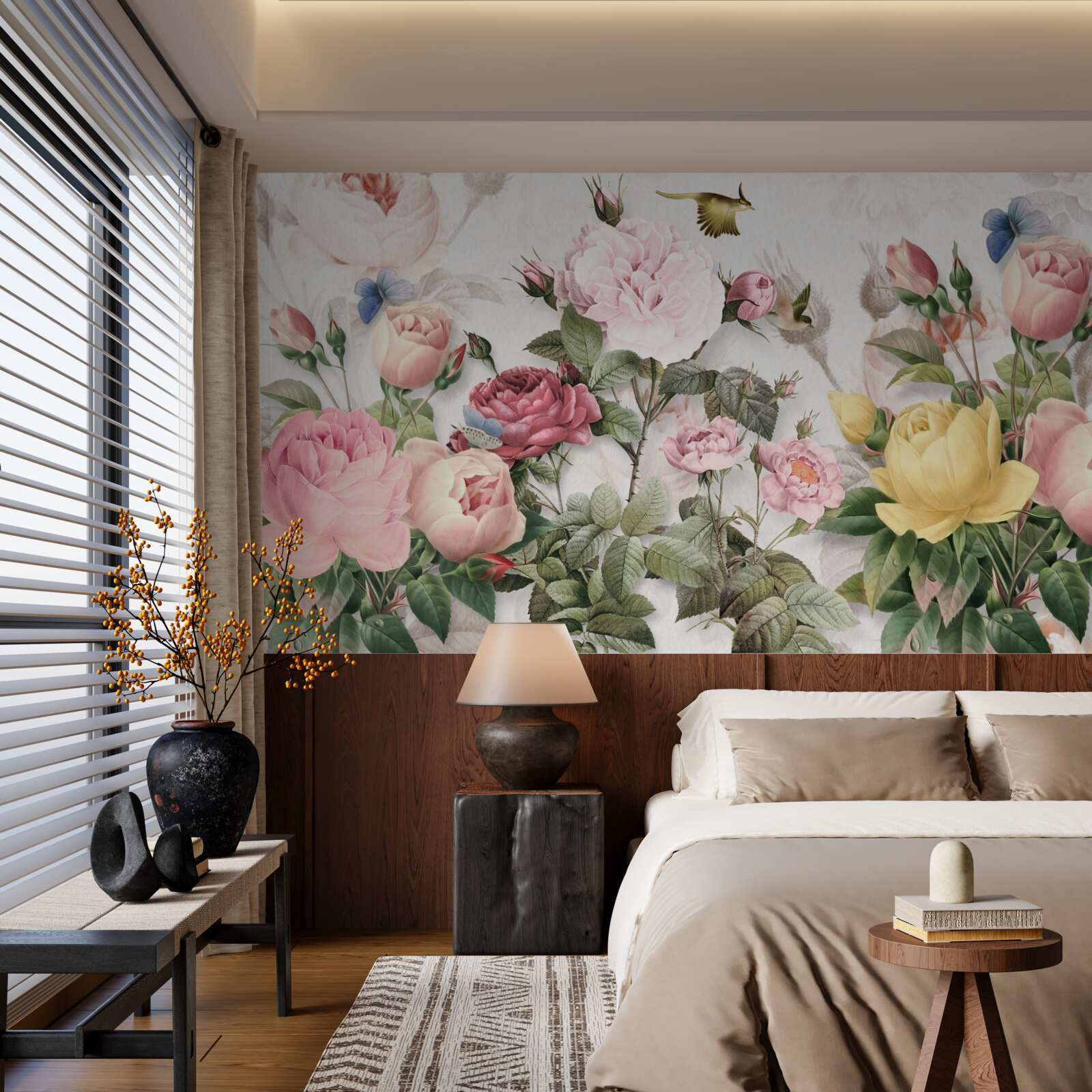 Fotobehang een explosieve mix van groentinten en zomerse bloementinten