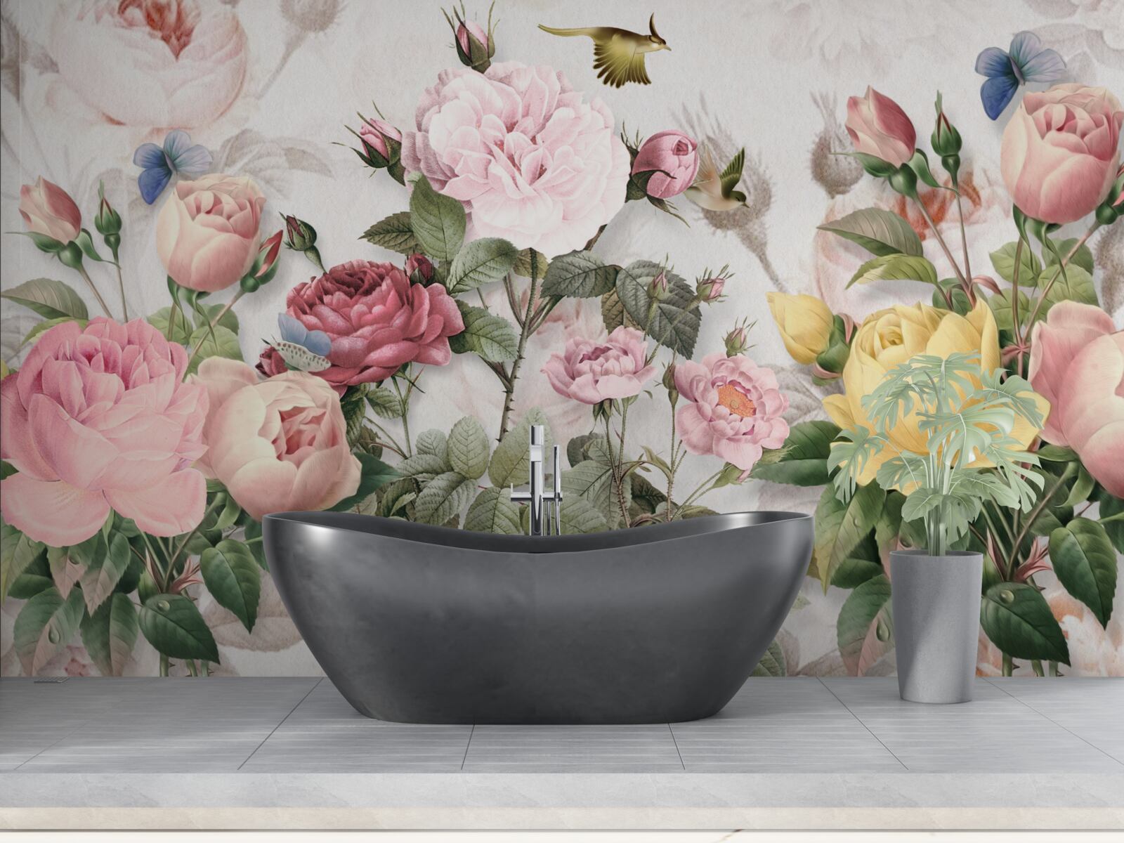 Fotobehang een explosieve mix van groentinten en zomerse bloementinten