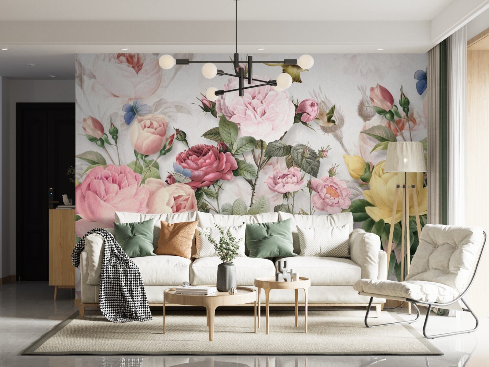 Fotobehang een explosieve mix van groentinten en zomerse bloementinten