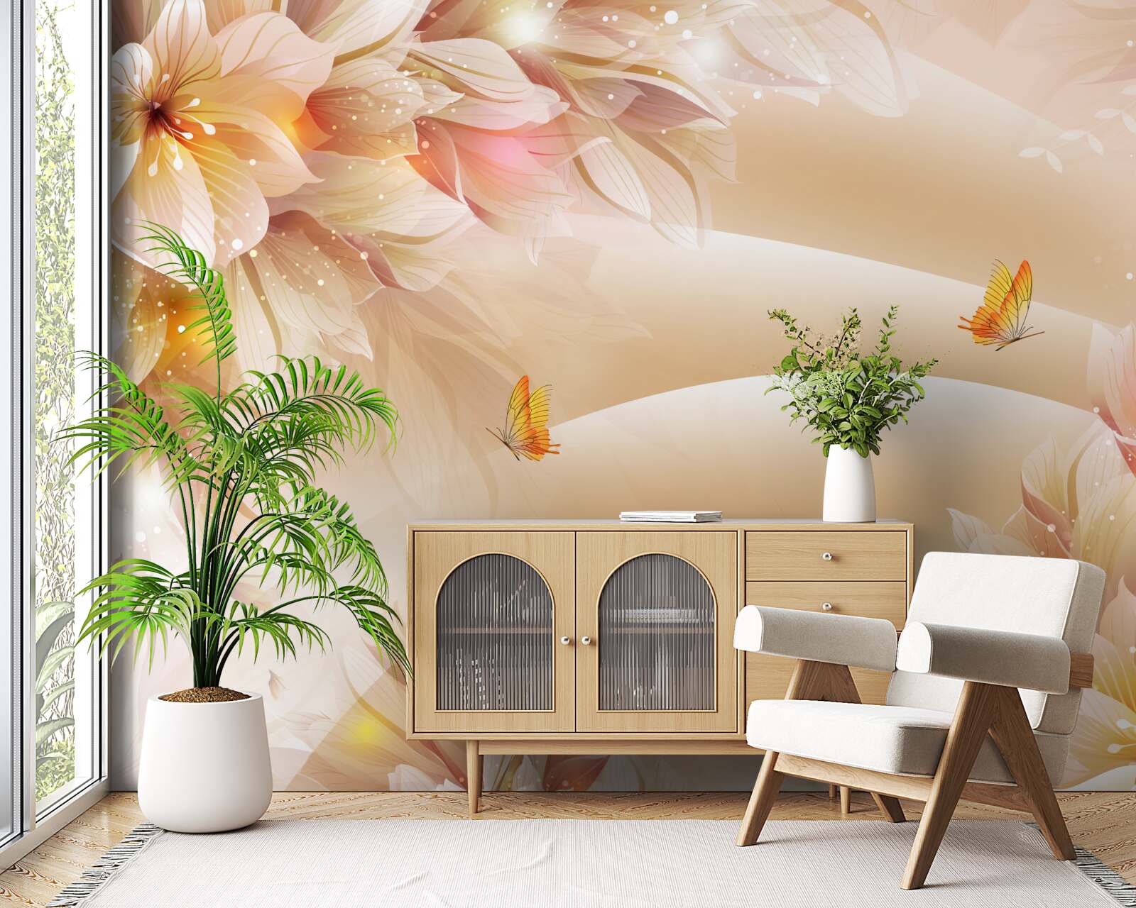 Fotobehang bloeiende knoppen versieren de bruine zijde