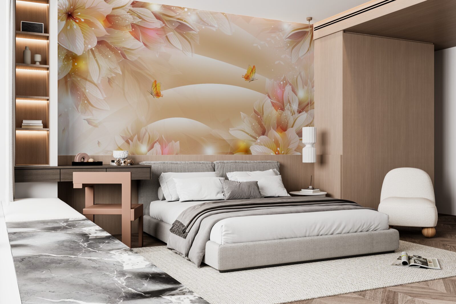 Fotobehang bloeiende knoppen versieren de bruine zijde