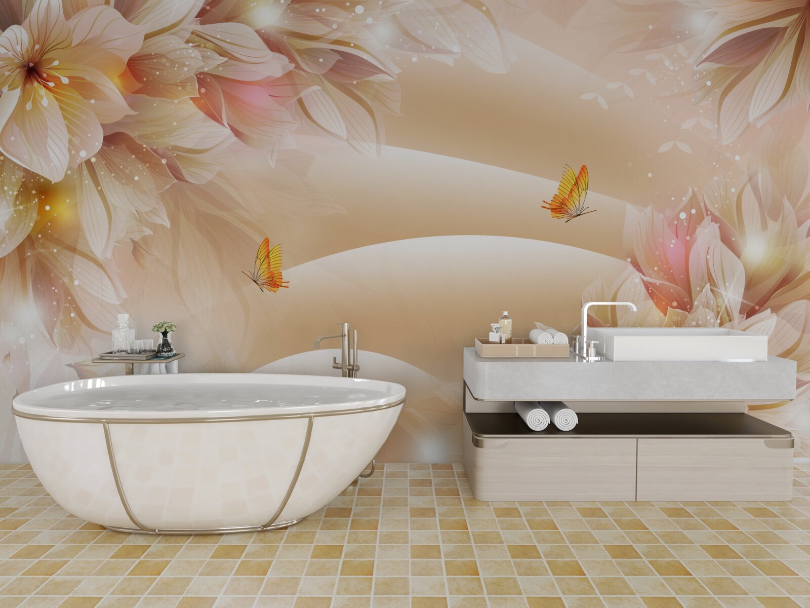 Fotobehang bloeiende knoppen versieren de bruine zijde