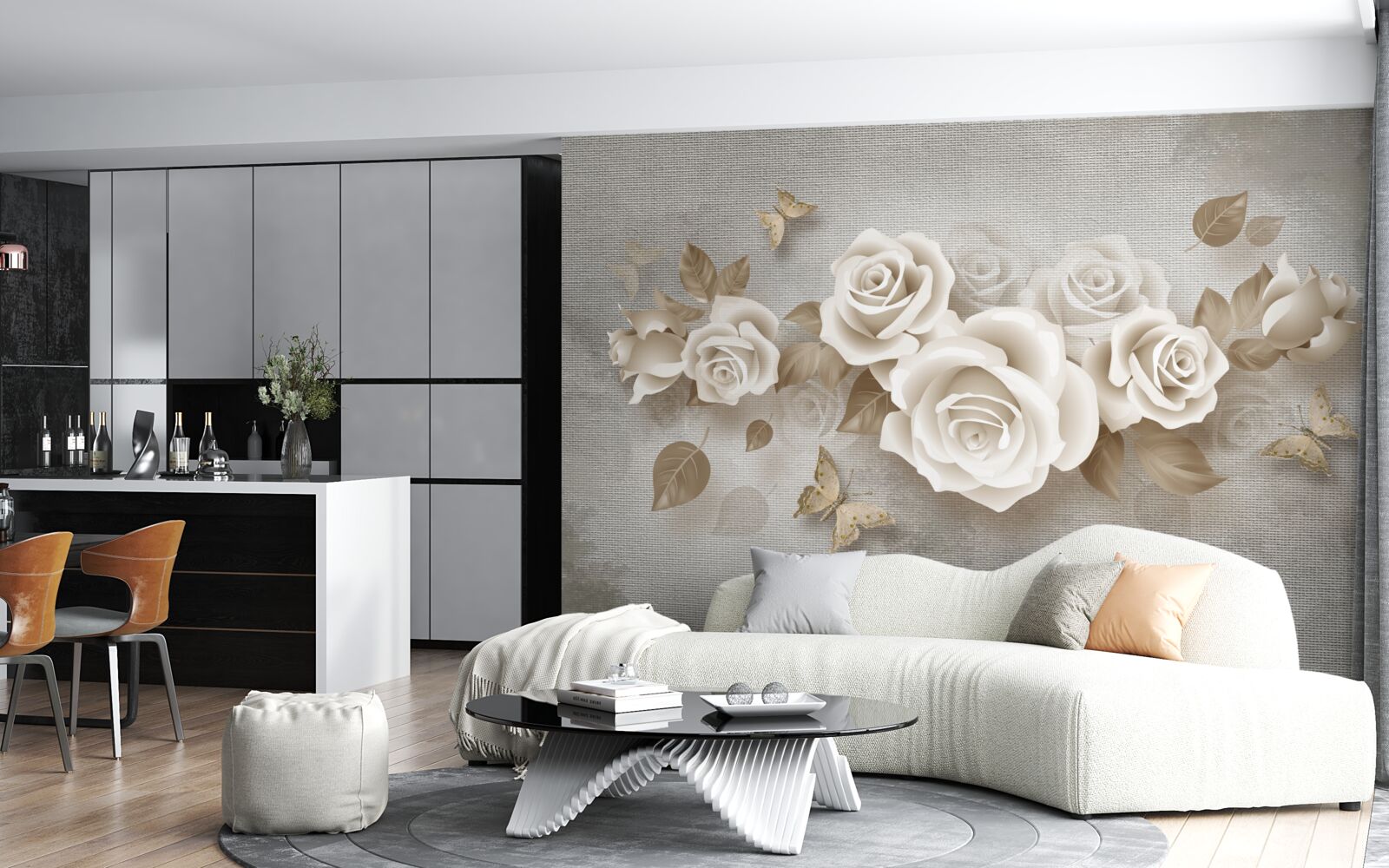 Fotobehang sierlijke ivoorkleurige rozenstengel