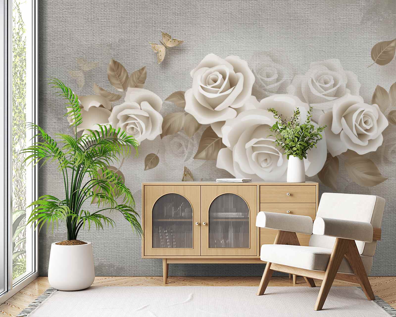 Fotobehang sierlijke ivoorkleurige rozenstengel