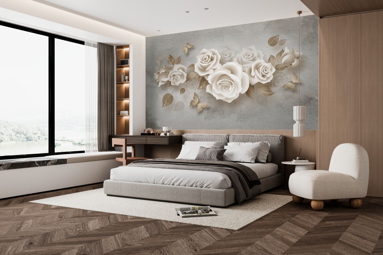 Fotobehang sierlijke ivoorkleurige rozenstengel