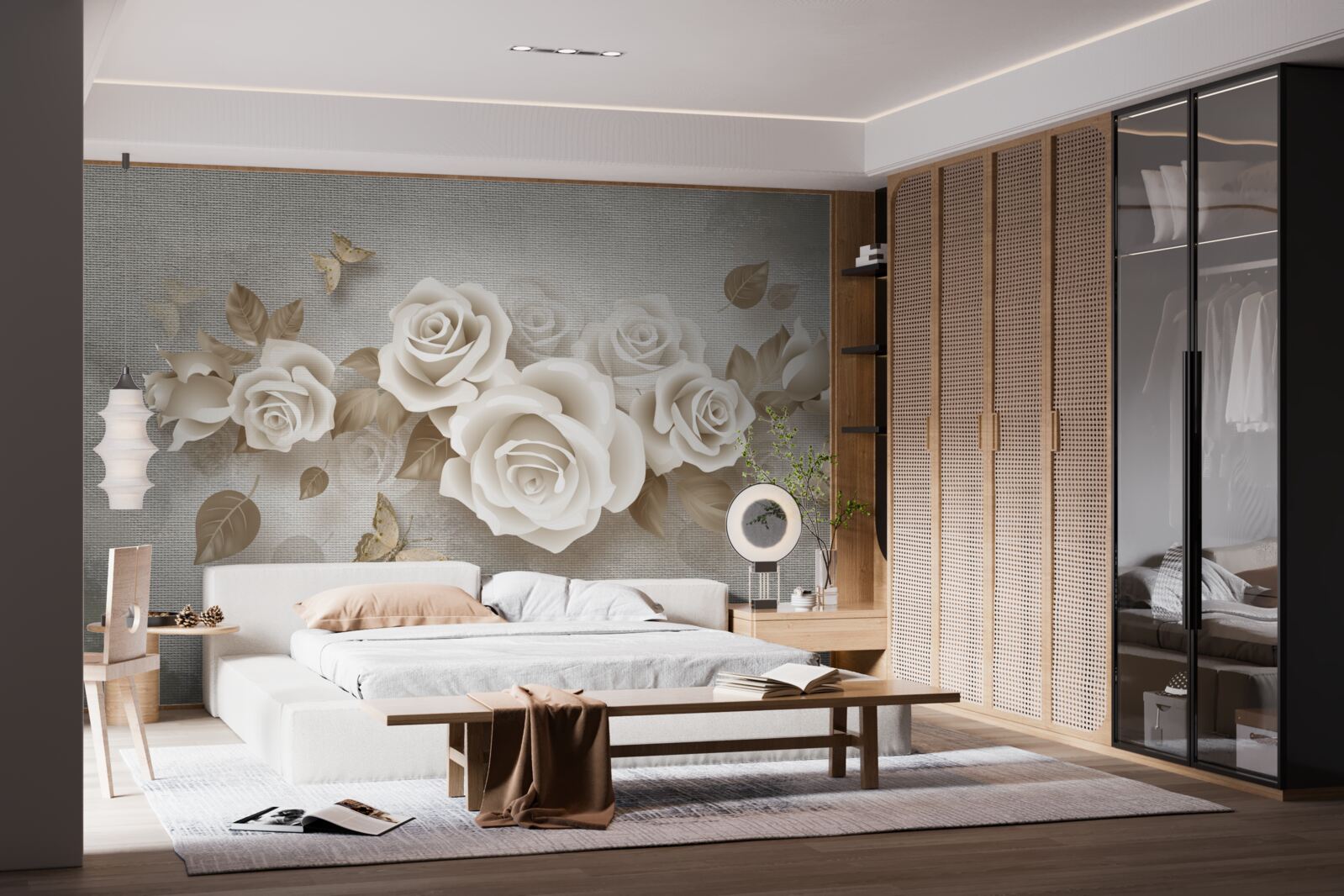 Fotobehang sierlijke ivoorkleurige rozenstengel