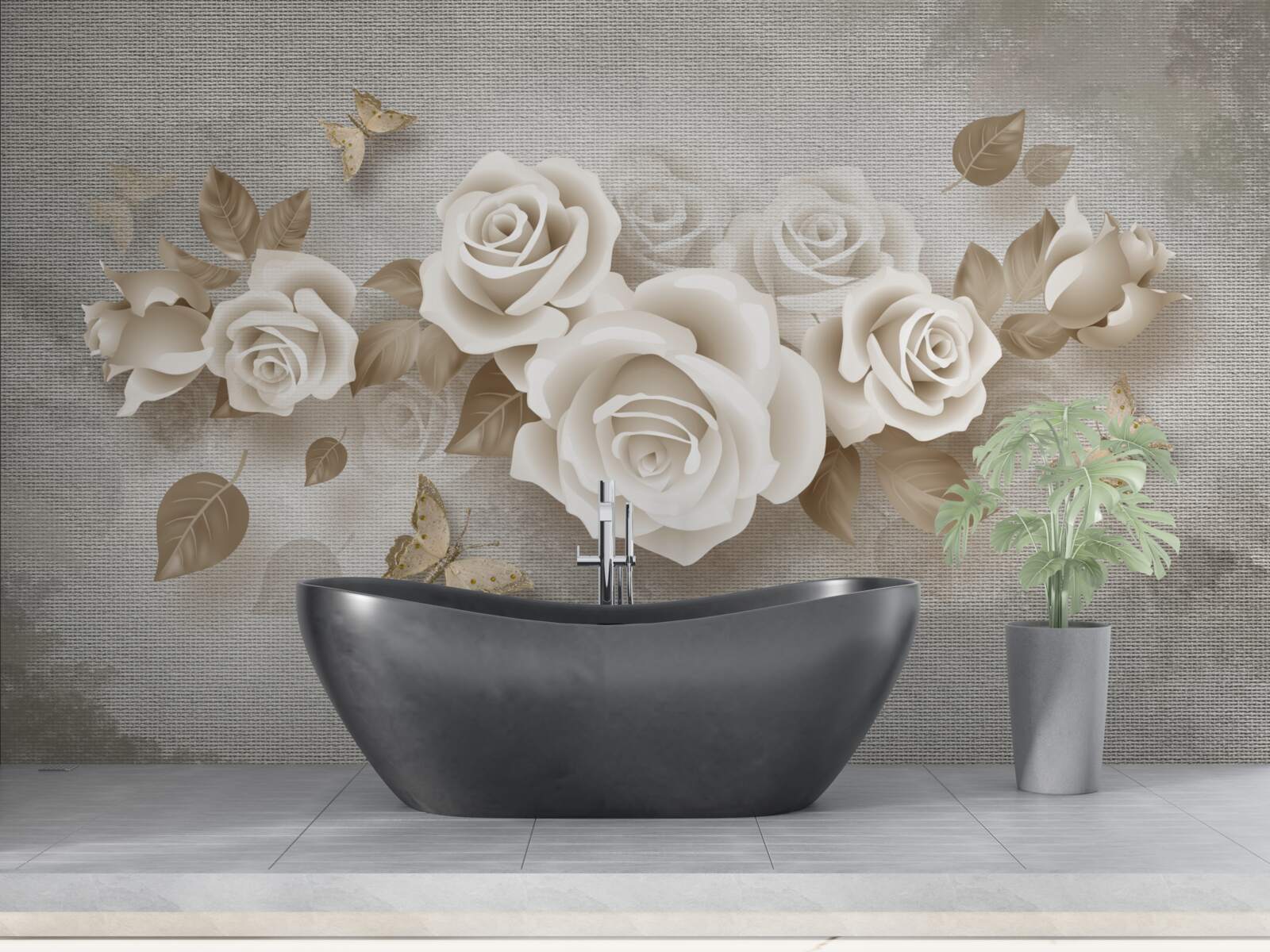 Fotobehang sierlijke ivoorkleurige rozenstengel