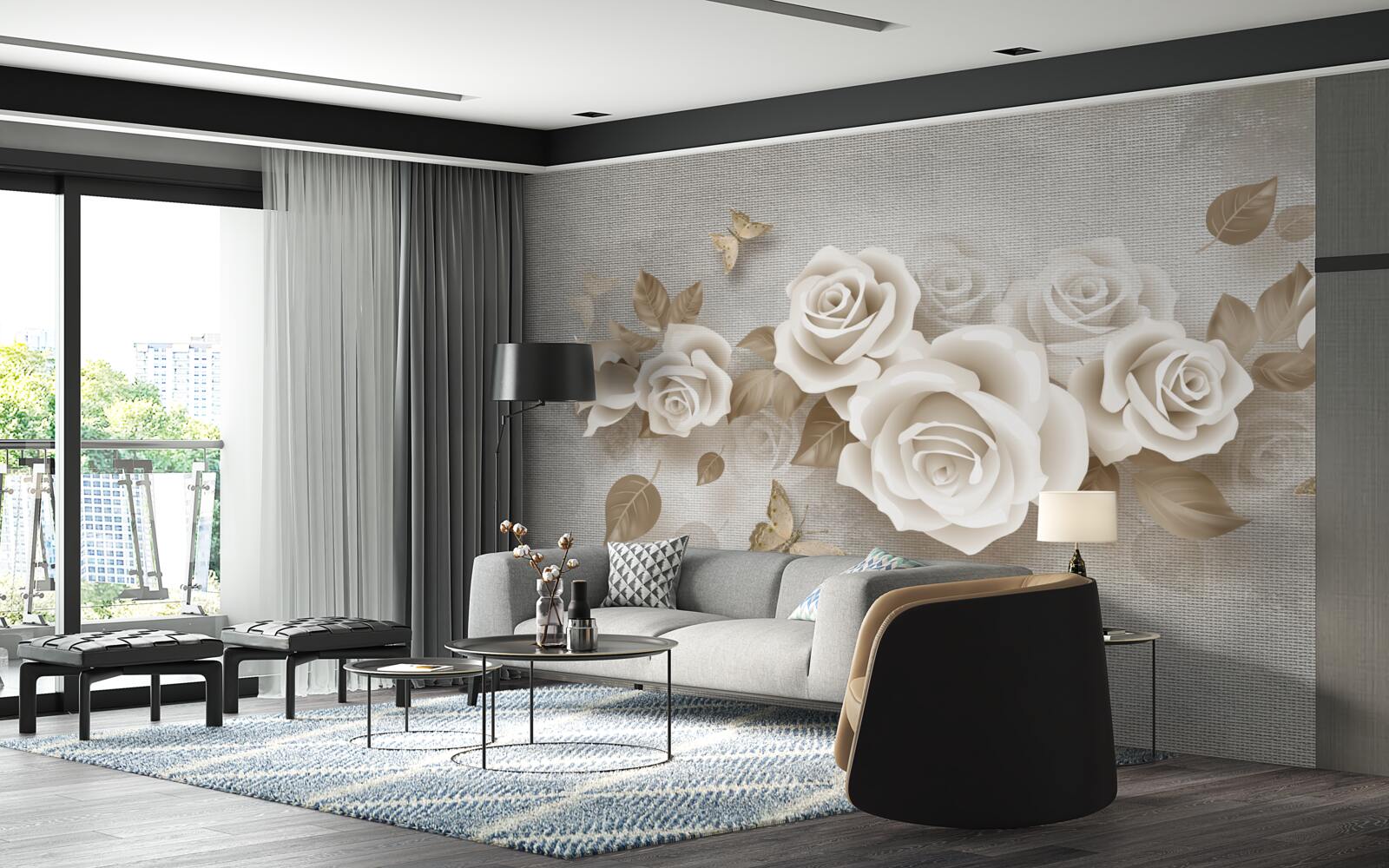 Fotobehang sierlijke ivoorkleurige rozenstengel